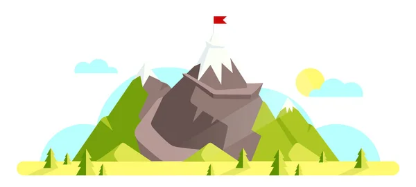 Гора с красным флагом на верхней иллюстрации вектора мультфильма — стоковый вектор