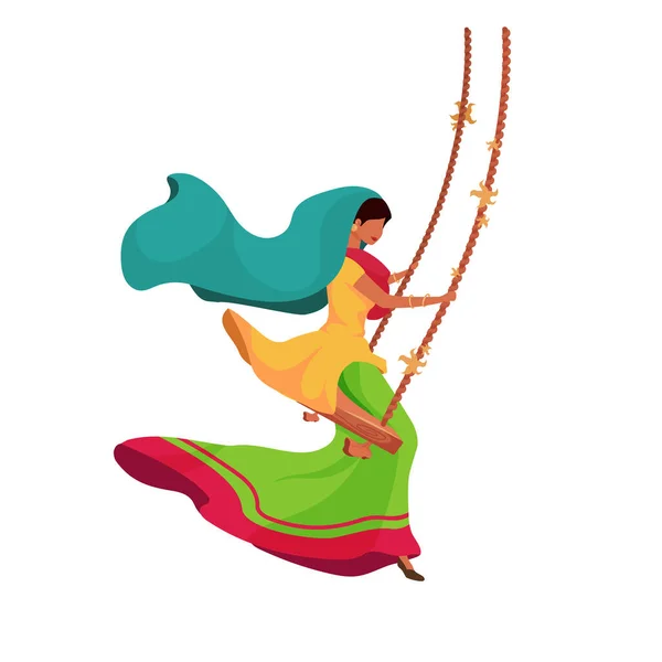 Indian woman on swing flat color vector faceless character — Stock Vector