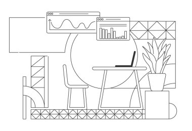 İş analisti ev içi iç mimari tasarım vektör çizimi. Çağdaş şirket çalışanlarının çalışma alanı beyaz arka plandaki kompozisyonu. Grafikler ve tablo basit biçim çizimi