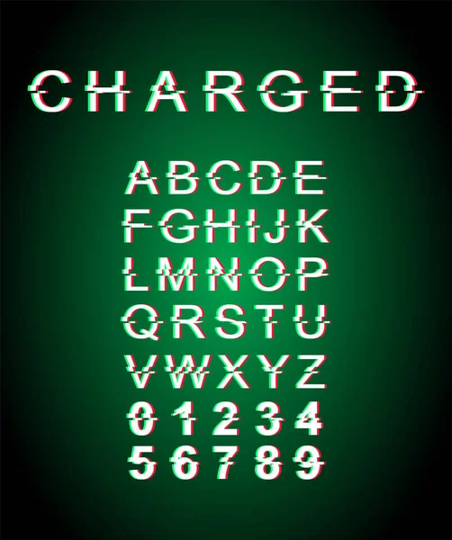 Modèle de police de pépin chargé. Alphabet vectoriel de style futuriste rétro sur fond vert. Lettres majuscules, chiffres et symboles. Plein de conception de type d'énergie avec effet de distorsion — Image vectorielle