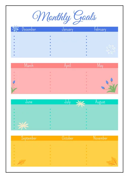 Metas mensuales grid diseño de página de planificador creativo — Archivo Imágenes Vectoriales