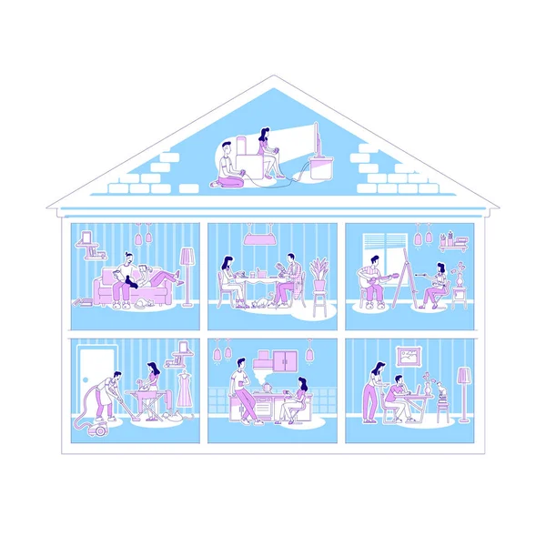 Actividades familiares en apartamentos silueta plana vector ilustración — Vector de stock