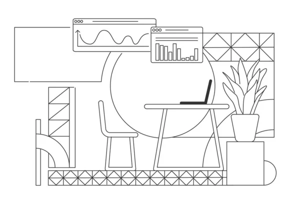 Analista de negocios casa oficina interiorismo esquema vector ilustración. Composición contemporánea del contorno del lugar de trabajo de los empleados corporativos sobre fondo blanco. Gráficos y mesa estilo simple dibujo — Archivo Imágenes Vectoriales