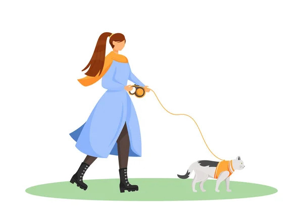 Frau zu Fuß Katze flache Farbvektor gesichtslosen Charakter — Stockvektor