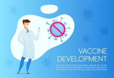 Coronavirus aşı geliştirme sancak düz vektör şablonu