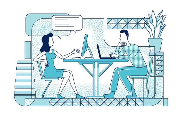 Projeto colaborativo silhueta plana ilustração vetorial. Colaboradores de comunicação e cooperação delinear caracteres em fundo branco. Empregados no espaço de escritório de coworking desenho estilo simples — Vetor de Stock