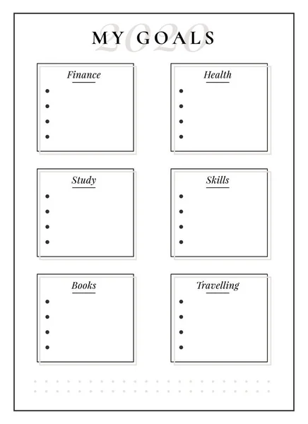 Diseño de página de planificador minimalista de propagación de objetivos anuales 2020 — Archivo Imágenes Vectoriales