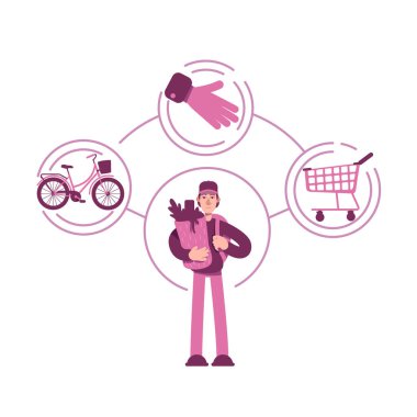 Everyman archetype flat concept vector illustration. Young man with shopping bag 2D cartoon character for web design. Student holding grocery purchase. Regular guy personality type creative idea clipart