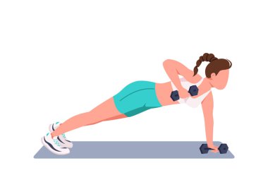 Dambıllar düz renk vektör yüzsüz karakter ile şınav çeken bir kadın. Genç sporcu, spor eğitmeni evde çalışıyor. Web grafik tasarımı ve animasyonu için karikatür çizimi yapıyor.