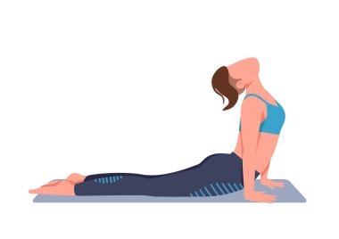 Evde yoga yapan bir kadın düz renk vektörlü meçhul karakter. Kobra içindeki sporcu kadın web grafik tasarımı ve animasyonu için izole edilmiş çizgi film çizimi yapıyor. Rahatlama egzersizi, sağlıklı yaşam tarzı.