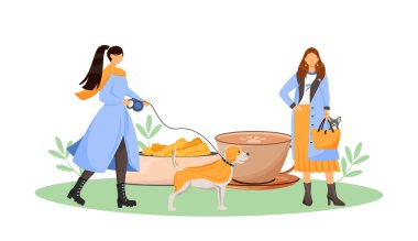 Kafe düz konsept vektör illüstrasyonunda dişi köpek sahibi. Evcil hayvan dostu kafe ve restoran. Çantasında teriyer olan kadın web tasarımı için çizgi film karakterleri. Hayvan bakımı yaratıcı bir fikir.