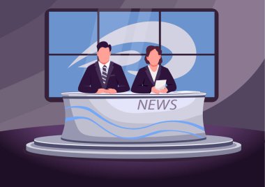 Flaş haber düz renk vektör çizimi. Erkek ve kadın haber spikerleri, haber spikerleri arka planda televizyon stüdyosu olan 2D çizgi film karakterleri. Profesyonel sunucu ve spiker canlı yayında.