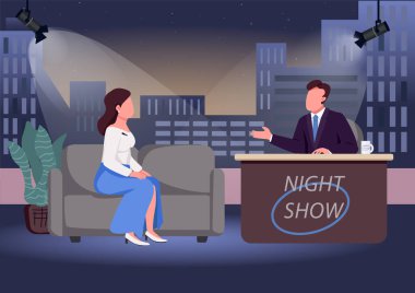 Gece gösterimi düz renk vektör çizimi. Sohbet programı sunucusu ve arka planda stüdyosu olan ünlü 2D çizgi film karakterleri. Akşam talk şovu. Canlı iletişim, ünlülerle röportaj.