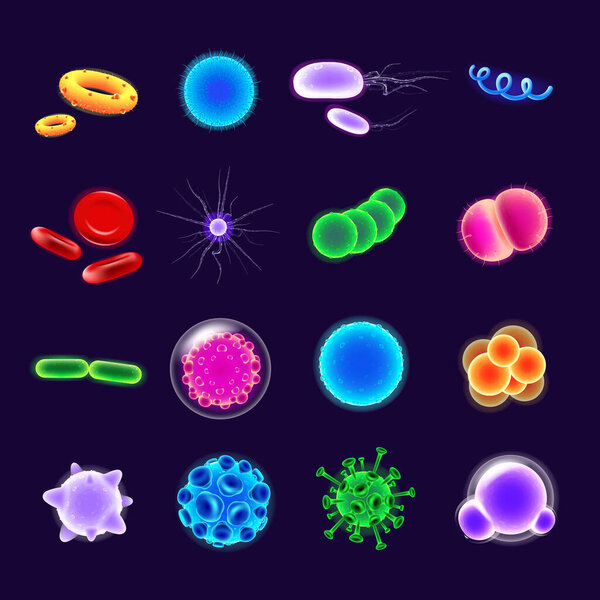 Bacteria realistic vector icons set. Pathogen illustration. Microbiological research. 3d isolated color microorganisms of various shapes under microscope on dark blue background. Bacterial cells pack