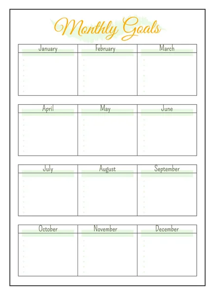 Metas Mensuales Anuales Diseño Página Planificador Minimalista Rejilla Horarios Para — Archivo Imágenes Vectoriales