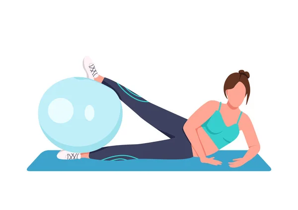 Mujer Entrenamiento Con Bola Suiza Plana Vector Color Sin Rostro — Vector de stock