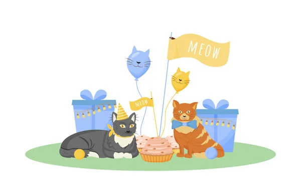 Cat Birthday Flat Color Vector Character Cute Kitten Festive Hat — Stock Vector