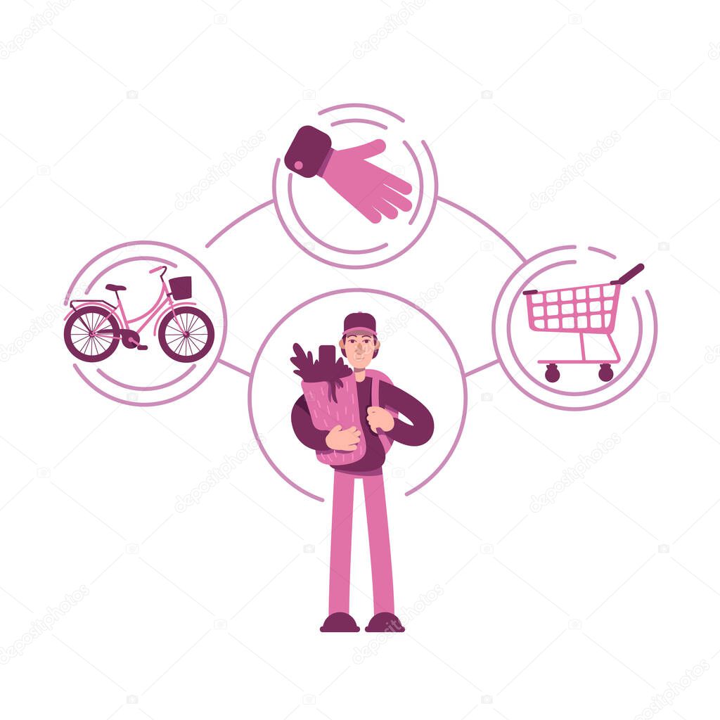Everyman archetype flat concept vector illustration. Young man with shopping bag 2D cartoon character for web design. Student holding grocery purchase. Regular guy personality type creative idea