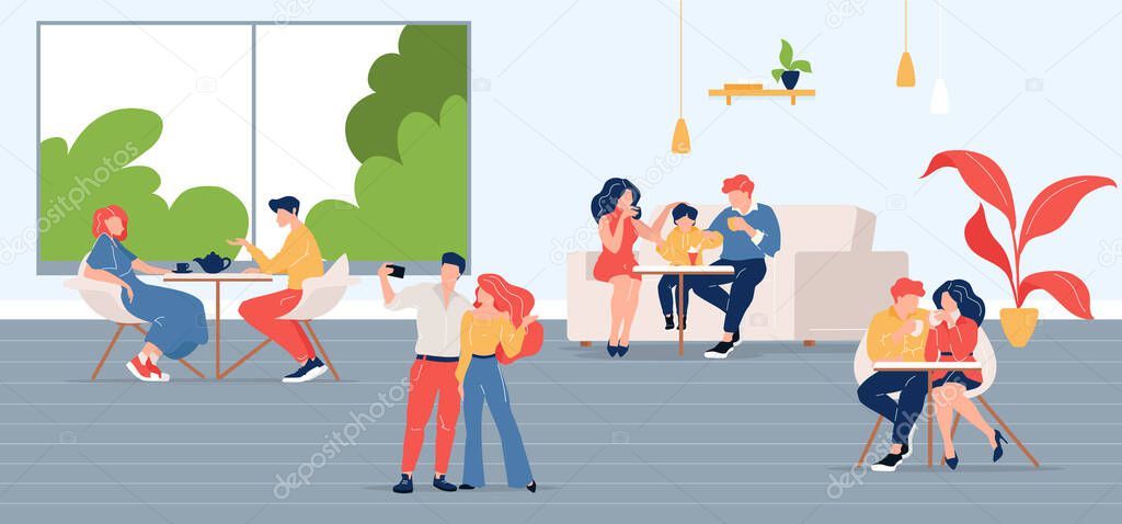 People in city cafe flat color vector illustration. Friends meeting in coffeehouse. Colleague lunch break. Family in restaurant 2D cartoon characters with coffeeshop interior on background