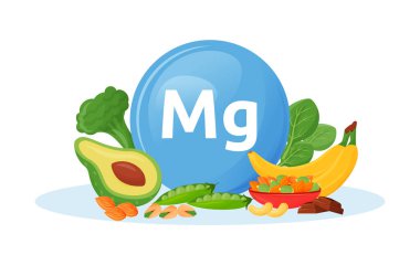Magnezyum karikatür çizimi içeren ürünler. Brokoli ve ıspanaklı sebze. Muz ve fındık sağlıklı besin düz renk nesnesi. Sağlıklı vejetaryen yemekleri beyaz arka planda izole edilmiş