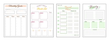 Goals and wishes minimalist planner page set. Monthly priorities. Habit track weekly. Travel and trip plan. Bucket list personal organizer printable sheet layout. Vertical insert for diary clipart