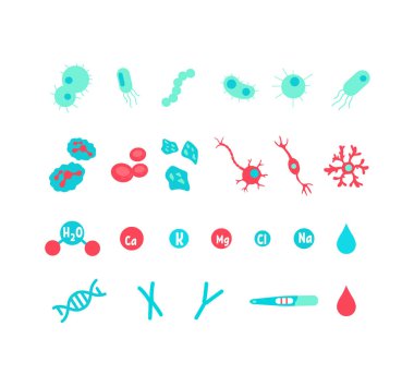 Mikrobiyoloji düz renk vektör nesneleri ayarlandı. Sinir sistemi. Bakteri ve probiyotik. Virüs enfeksiyonu. İnsan hormonu. Laboratuvar mikroorganizmaları beyaz arkaplanda 2D izole çizgi film çizimleri