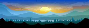 Ormanlık alanda gün doğumu düz renk vektör çizimi. Sabahın erken saatlerinde kozalaklı bir orman. Dağlar ufuk çizgisi. Vahşi doğa. Ağaçlar ve tepeler. Arka planda güneş ve gökyüzü olan 2D karikatür manzarası.