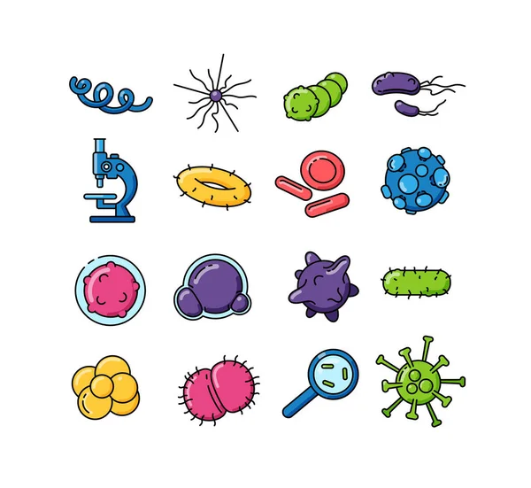 Bacteriën Kleur Vector Pictogrammen Ingesteld Pathogeen Schema Illustraties Microbiologisch Onderzoek — Stockvector