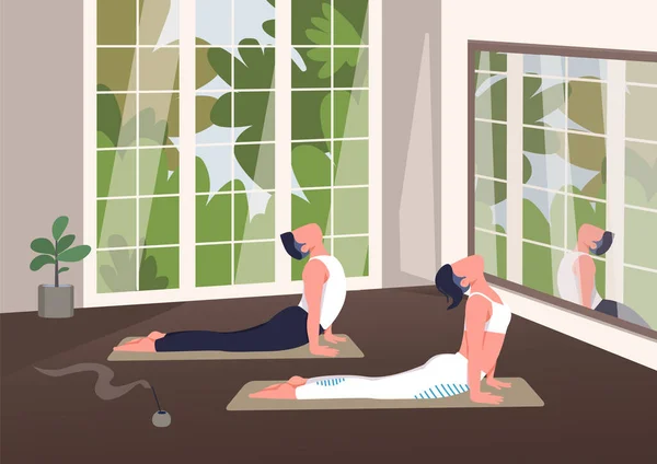 Illustrazione Vettoriale Colori Piatta Classe Yoga Indoor Sportivo Sportivo Posa — Vettoriale Stock