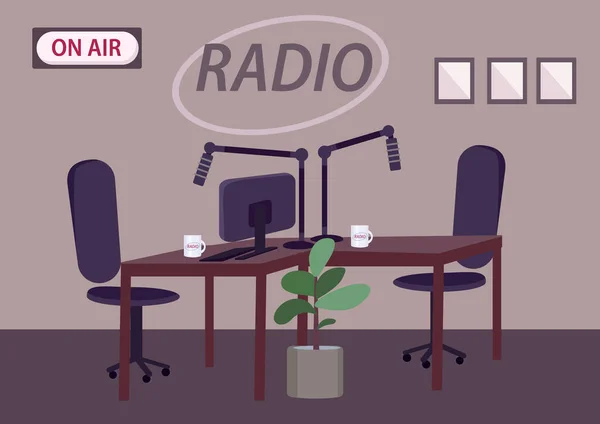 Empty Radio Studio Flat Color Vector Illustration Professional Radio Station — Stock Vector