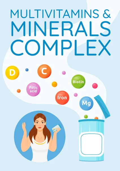 Multivitamíny Minerály Komplexní Plakát Ploché Vektorové Šablony Potravinové Přísady Vitamín — Stockový vektor