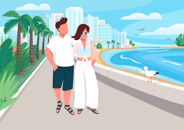 カップルの愛の海辺のフラットカラーベクトルイラストに沿って歩く ロマンチックな夏のレクリエーション 背景に豪華なリゾートの海岸線とボーイフレンドとガールフレンドの2D漫画のキャラクター — ストックベクタ
