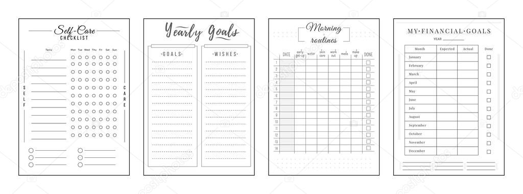 Annual resolution minimalist planner page set. Self care checklist. Goals and wishes. Finance management. Timetable personal organizer printable sheet layout. Vertical insert for diary