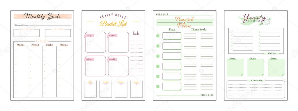 Goals and wishes minimalist planner page set. Monthly priorities. Habit track weekly. Travel and trip plan. Bucket list personal organizer printable sheet layout. Vertical insert for diary