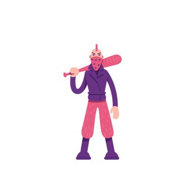 Asi düz renk vektör karakteri. Silahlı genç bir adam. Beyzbol sopasıyla agresif bir protestocu. Silahlı gösterici web grafik tasarımı ve animasyonu için karikatür çizimini izole etti