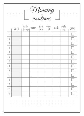 Günlük Minimalist Planlayıcı Sayfa Tasarımı. Sabah kendi kendine bakım listesi. Kişisel gelişim. Alışkanlık takip cihazı, kurşun günlük, basılabilir kağıtlar. Kişisel ajanda. Not defteri vektör şablonu