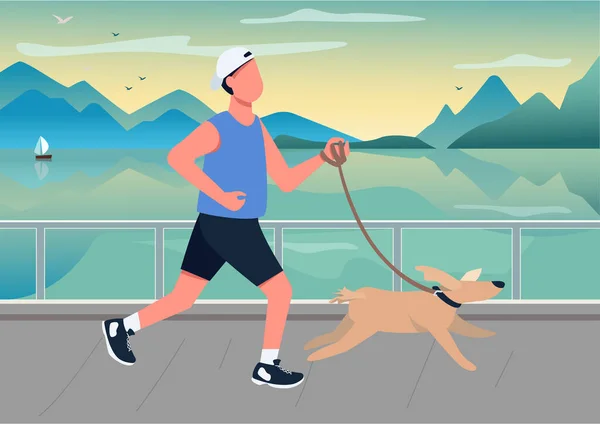 フロントフラットカラーベクトルイラストで犬と実行している男 海辺の桟橋で子犬を歩く人 男と国内の動物の2D漫画のキャラクターと海岸線日没時に背景に — ストックベクタ