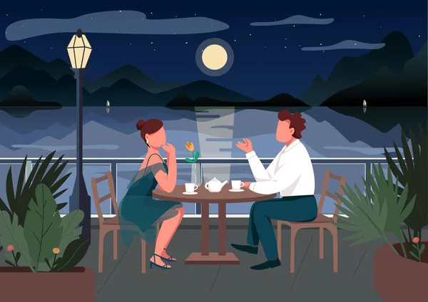 浪漫的日子在海滨度假小镇扁平的色彩矢量插图 在餐厅共进晚餐街头咖啡馆里的男人和女人把二维卡通人物结合在一起 背景是大海和日落 — 图库矢量图片