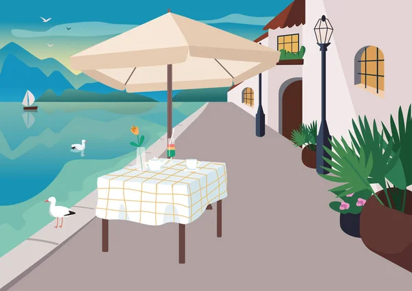 해안가에 위치한 스트리트 레스토랑은 삽화를 보여준다 해변에서 테이블을 만들었습니다 갈매기 — 스톡 벡터