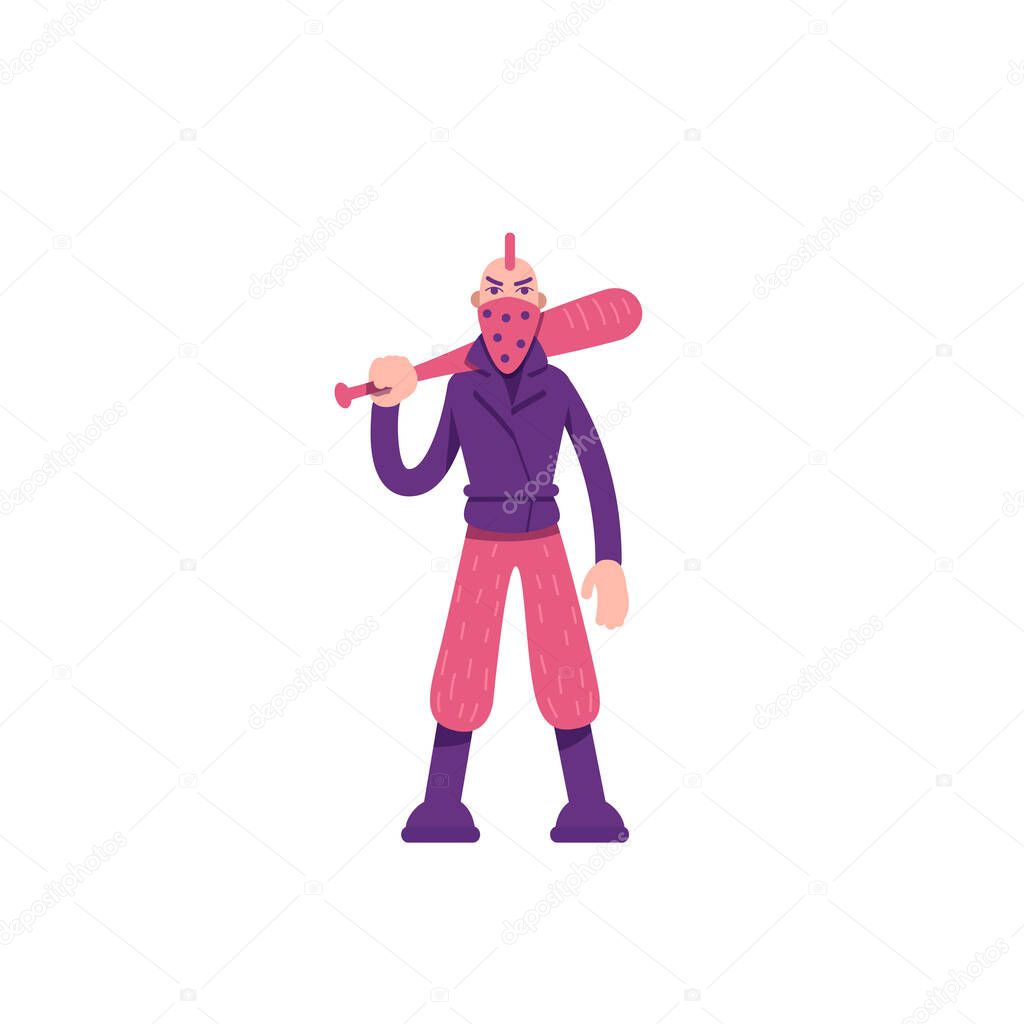 Rebel flat color vector character. Young man with weapon. Aggressive protester with baseball bat. Armed demonstrator isolated cartoon illustration for web graphic design and animation