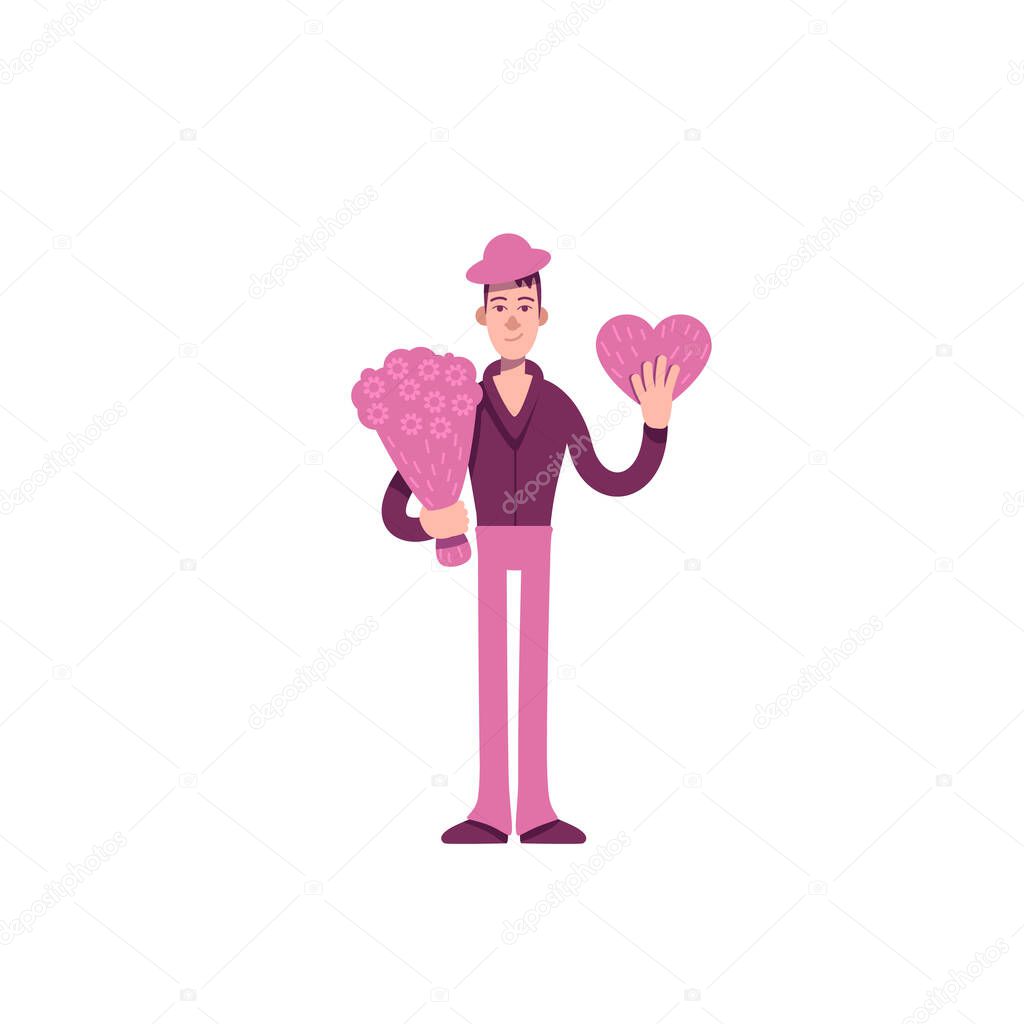 Lover flat color vector character. Young guy with flowers bouquet. Boyfriend going on date. Romantic boy with presents isolated cartoon illustration for web graphic design and animation