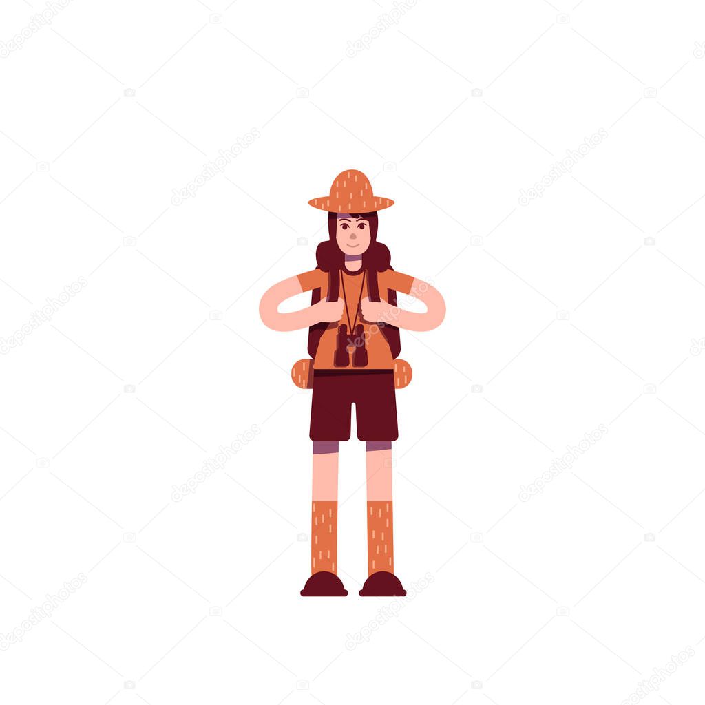 Explorer with backpack flat color vector character. Young boyscout. Backpacking travel. Scientific expedition. Male adventurer isolated cartoon illustration for web graphic design and animation