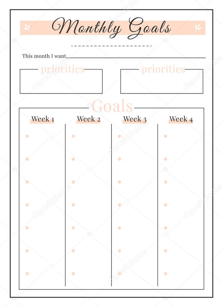 Month goals minimalist planner page design. Priorities memo box. Write daily achievement. Wish and resolution. Weekly tasks bullet journal printable sheet. Personal organizer. Notebook vector template