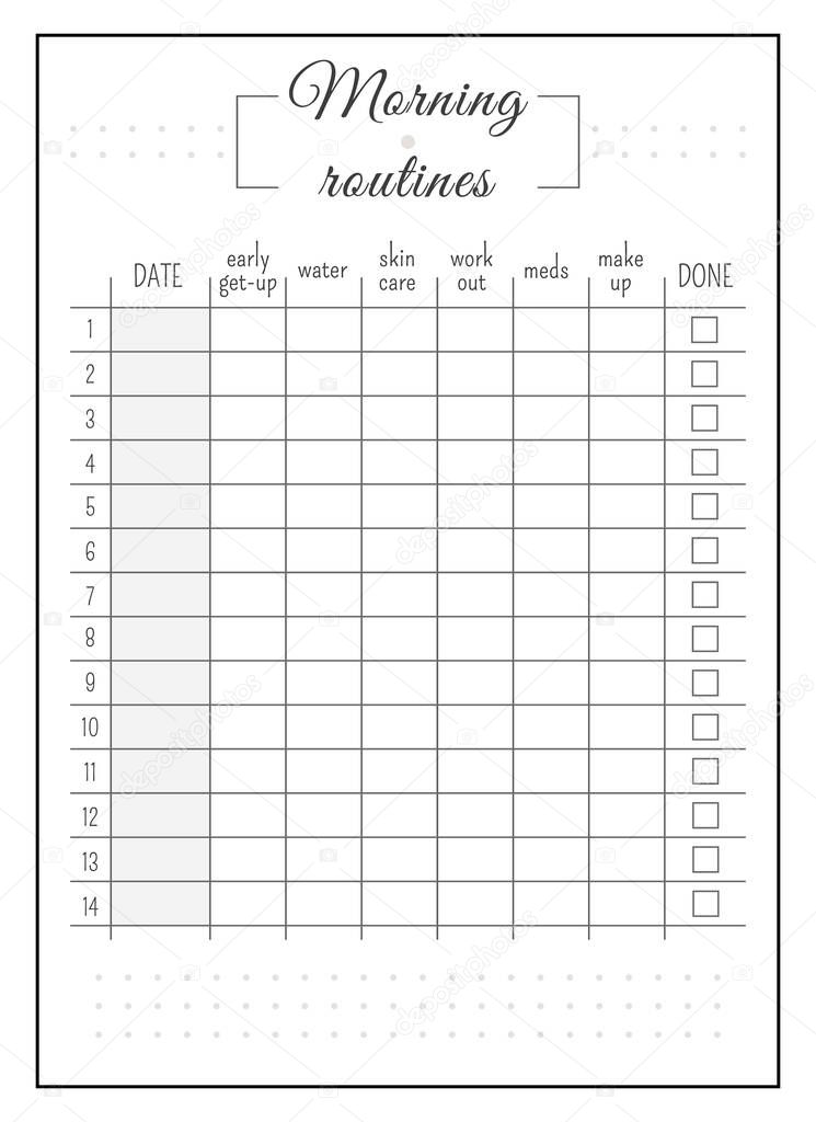 Daily routine minimalist planner page design. Morning selfcare checklist. Self improvement. Habit tracker bullet journal printable sheet. Personal organizer. Notebook vector template