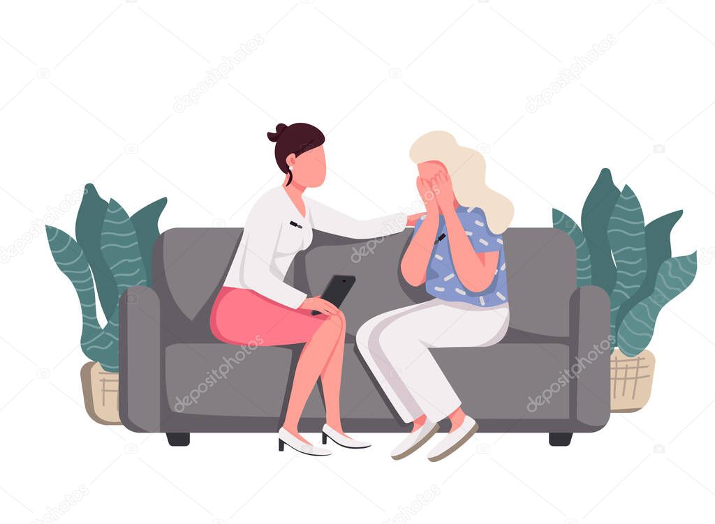 Women sitting on couch flat color vector faceless characters. Talk show, psychologist counseling isolated cartoon illustration for web graphic design and animation. Lady comforting crying friend