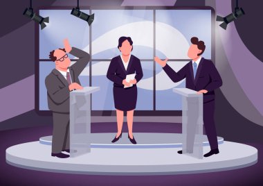 Televizyon tartışması düz renk vektör illüstrasyonu. Politik talk show sunucusu ve arka planda stüdyosu olan 2D çizgi film karakterleri. Halka açık. Tribünlerin arkasındaki siyasi rakipler