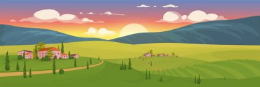 Summer sunrise in village flat color vector illustration. Tuscan scenery 2D cartoon landscape with mountains on background. Sunset in small French town. Vineyard at dawn clipart