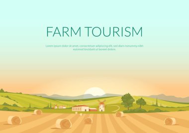 Çiftlik turizmi poster düz vektör şablonu. Çiftlik evi ve yel değirmeni. Buğday tarlası. Hasat mevsimi. Broşür, kitapçık, illüstrasyonlu bir sayfa tasarımı. Çiftlik arazisi broşürü, broşür.