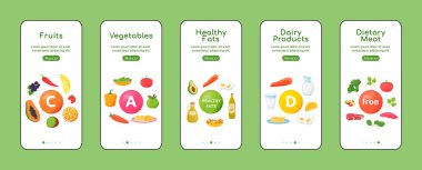 Vitamins and minerals onboarding mobile app screen flat vector template. Healthy food products. Walkthrough website steps with objects. UX, UI, GUI smartphone cartoon interface, case prints set clipart