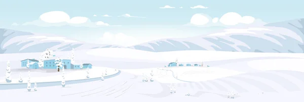 冬季风景平面彩色矢量插图 山顶小村2D卡通画景观 建筑物和被雪覆盖的广阔的田野 农村地区的寒冷季节 乡郊风景 — 图库矢量图片